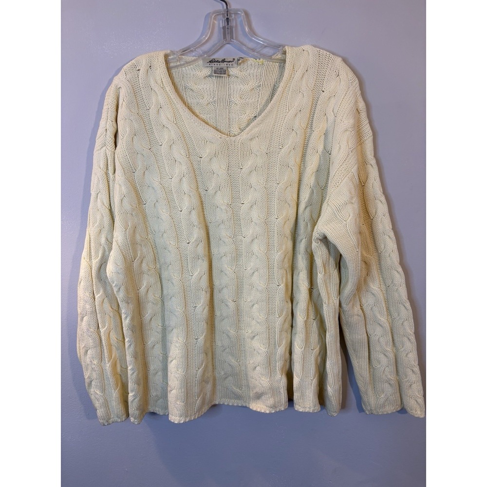 VTG EDDIE BAUER Butter Yellow 100% Cotton Cable Knit Sweater XL Beach Preppy